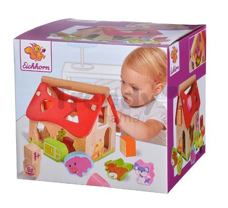 Drevený didaktický domček Shape Sorter House Eichhorn s 12 vkladacími kockami od 12 mes