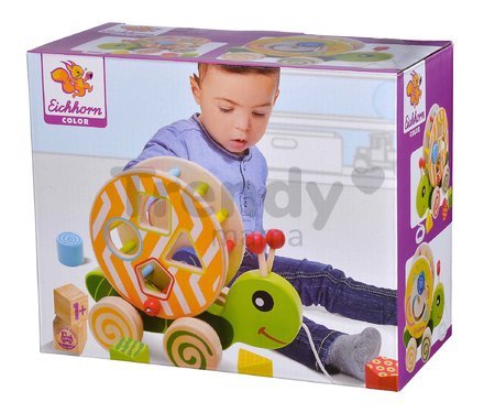 Drevený didaktický slimáčik na ťahanie Color Pull along Stacking Animal Eichhorn 4 vkladacie kocky od 12 mes