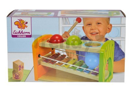 Drevený Xylofón Color Xylophone Hammering Bench Eichhorn s 3 loptičkami a kladivkom od 24 mes