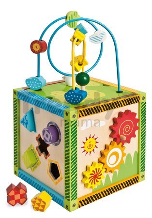 Drevená didaktická kocka s labyrintom a aktivitami Color Little Game Center Eichhorn s 5 vkladacími tvarmi od 12 mes