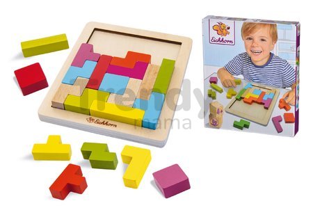 Drevené vkladacie puzzle Shape Game Eichhorn 20 farebných kociek rôznych tvarov od 4 rokov