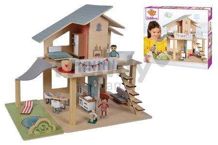 Drevený domček pre bábiky Doll´s House with Furnitures Eichhorn poschodový so 4 izbami 3 figúrkami a nábytkom výška 44 cm