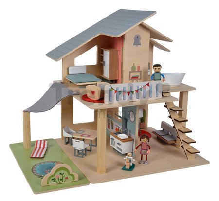 Drevený domček pre bábiky Doll´s House with Furnitures Eichhorn poschodový so 4 izbami 3 figúrkami a nábytkom výška 44 cm