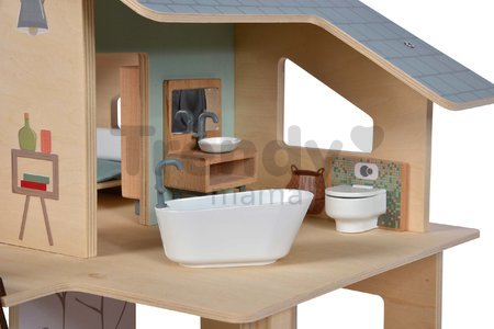 Drevený domček pre bábiky Doll´s House with Furnitures Eichhorn poschodový so 4 izbami 3 figúrkami a nábytkom výška 44 cm