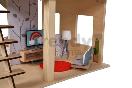 Drevený domček pre bábiky Doll´s House with Furnitures Eichhorn poschodový so 4 izbami 3 figúrkami a nábytkom výška 44 cm