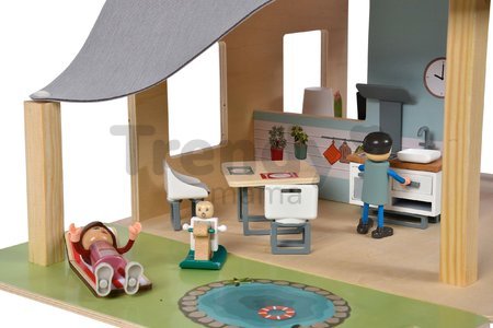 Drevený domček pre bábiky Doll´s House with Furnitures Eichhorn poschodový so 4 izbami 3 figúrkami a nábytkom výška 44 cm