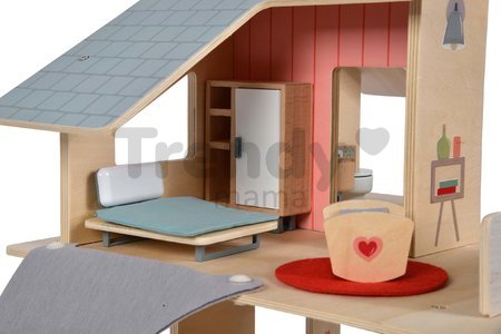 Drevený domček pre bábiky Doll´s House with Furnitures Eichhorn poschodový so 4 izbami 3 figúrkami a nábytkom výška 44 cm