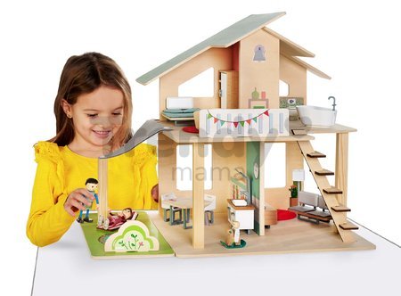 Drevený domček pre bábiky Doll´s House with Furnitures Eichhorn poschodový so 4 izbami 3 figúrkami a nábytkom výška 44 cm