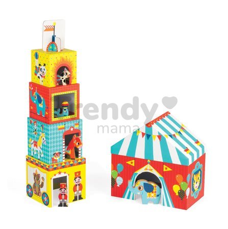 Skladacia pyramída Multikub Circus Janod s 5 drevenými figúrkami od 12 mes