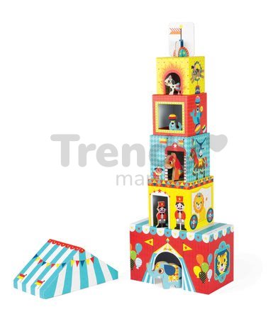 Skladacia pyramída Multikub Circus Janod s 5 drevenými figúrkami od 12 mes