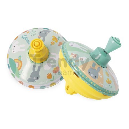 Tradičný kovový kolotoč vĺčik Zajačiky Rabbits Metal Spinning Tops Pure Janod kovový 2 druhy od 18 mes J04120