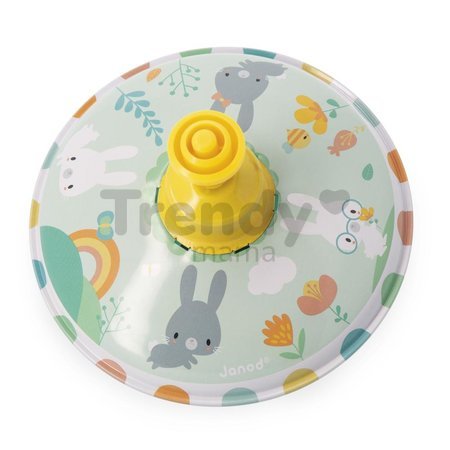 Tradičný kovový kolotoč vĺčik Zajačiky Rabbits Metal Spinning Tops Pure Janod kovový 2 druhy od 18 mes J04120