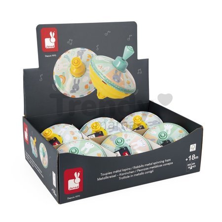 Tradičný kovový kolotoč vĺčik Zajačiky Rabbits Metal Spinning Tops Pure Janod kovový 2 druhy od 18 mes J04120