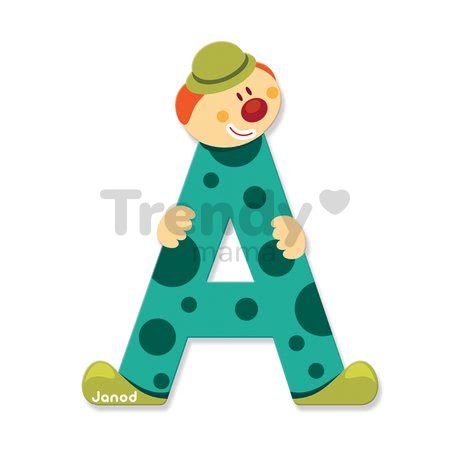 Drevené písmeno A Clown Letter Janod lepiace 9 cm zelené/fialové/červené/modré