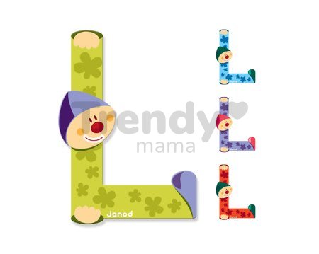 Drevené písmeno L Clown Letter Janod lepiace 9 cm modré/zelené/fialové/oranžové od 3 rokov