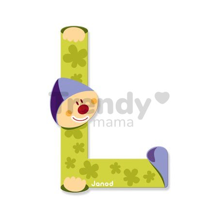 Drevené písmeno L Clown Letter Janod lepiace 9 cm modré/zelené/fialové/oranžové od 3 rokov