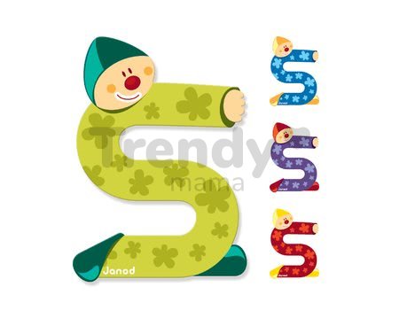 Drevené písmeno S Clown Letter Janod lepiace 9 cm zelené/fialové/modré/červené od 3 rokov