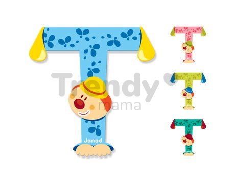 Drevené písmeno T Clown Letter Janod lepiace 9 cm zelené/ružové/modré/tyrkysové od 3 rokov