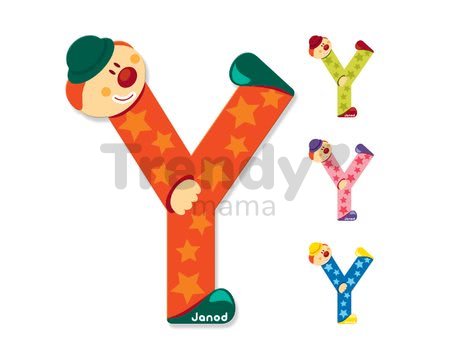 Drevené písmeno Y Clown Letter Janod lepiace 9 cm oranžové/zelené/ružové/modré od 3 rokov
