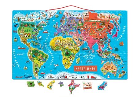 Magnetická mapa sveta Magnetic World Map ruská verzia Janod 92 magnetov od 5 rokov