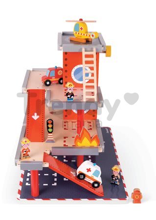 Drevená požiarna stanica Story Set Janod poschodová s 10 drevenými doplnkami