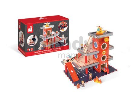 Drevená požiarna stanica Story Set Janod poschodová s 10 drevenými doplnkami