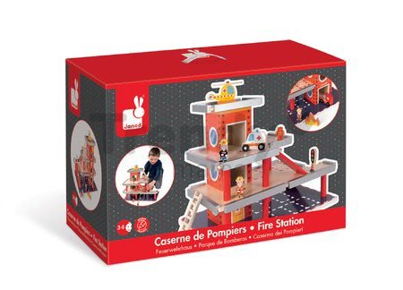 Drevená požiarna stanica Story Set Janod poschodová s 10 drevenými doplnkami
