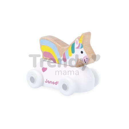 Drevené autíčko na tlačenie Enchanted Kingdom Wooden Unicorn Carriage Cross Roads Janod s jednorožcom biele od 12 mes J05922