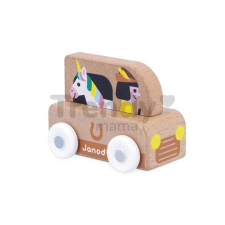 Drevené autíčko na tlačenie Enchanted Kingdom Wooden Unicorn Van Cross Roads Janod s jednorožcom hnedé od 12 mes J05926