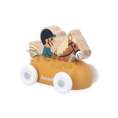 Drevené autíčko na tlačenie Mountain Valley Wooden Rider Carriage Cross Roads Janod s jazdcom a koňom oranžové od 12 mes J05941