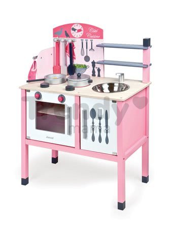 Drevená kuchynka Mademoiselle Maxi Cooker Janod s 8 doplnkami ružová