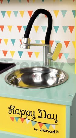 Drevená kuchynka Happy day Janod elektronická, so zvukom a svetlom so 7 doplnkami zeleno-žltá