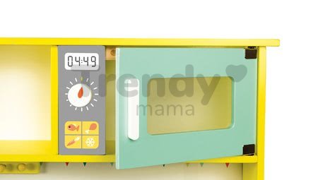 Drevená kuchynka Happy day Janod elektronická, so zvukom a svetlom so 7 doplnkami zeleno-žltá
