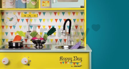 Drevená kuchynka Happy day Janod elektronická, so zvukom a svetlom so 7 doplnkami zeleno-žltá