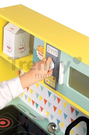 Drevená kuchynka Happy day Janod elektronická, so zvukom a svetlom so 7 doplnkami zeleno-žltá