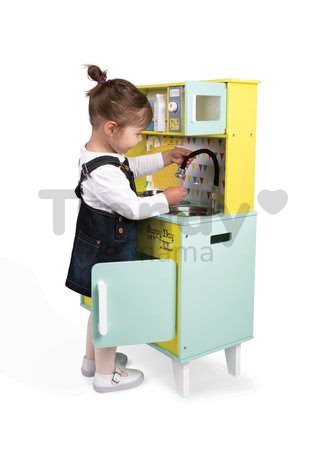 Drevená kuchynka Happy day Janod elektronická, so zvukom a svetlom so 7 doplnkami zeleno-žltá