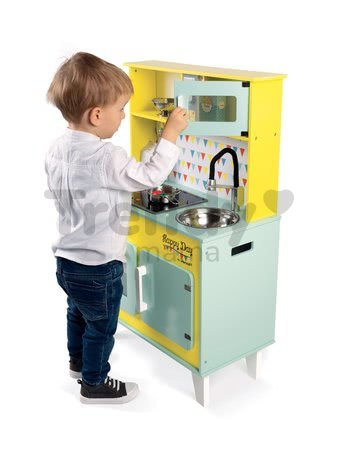 Drevená kuchynka Happy day Janod elektronická, so zvukom a svetlom so 7 doplnkami zeleno-žltá
