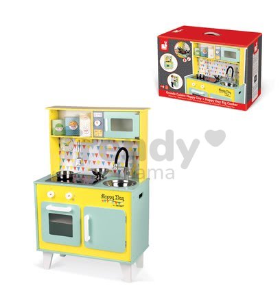 Drevená kuchynka Happy day Janod elektronická, so zvukom a svetlom so 7 doplnkami zeleno-žltá
