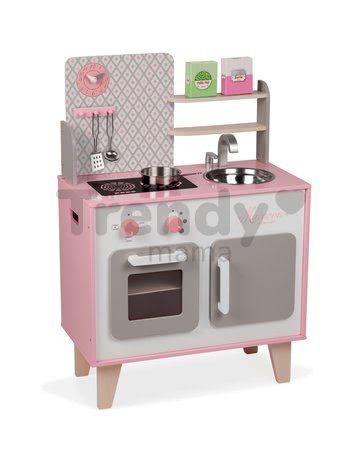 Drevená kuchynka Macaron Maxi Cooker Janod s otočnými gombíkmi ružová