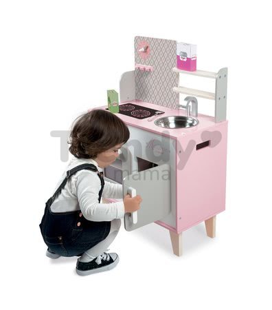 Drevená kuchynka Macaron Maxi Cooker Janod s otočnými gombíkmi ružová