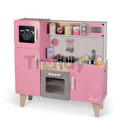 Drevená kuchynka Macaron Big Cooker Janod elektronická, so zvukom a svetlom a 15 doplnkami ružová