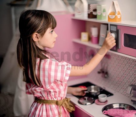 Drevená kuchynka Macaron Big Cooker Janod elektronická, so zvukom a svetlom a 15 doplnkami ružová