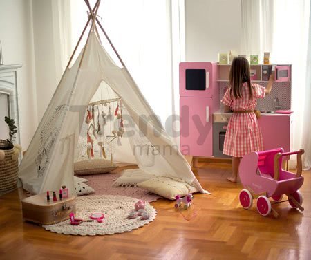 Drevená kuchynka Macaron Big Cooker Janod elektronická, so zvukom a svetlom a 15 doplnkami ružová
