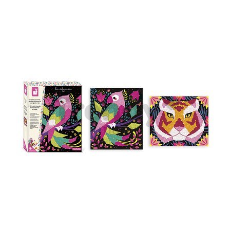 Maxi kreatívna sada Tvoríme so šnúrkami Džungľa String Art Jungle Animal Atelier Janod 2 karty a 300 klinčekov od 8 rokov J07970