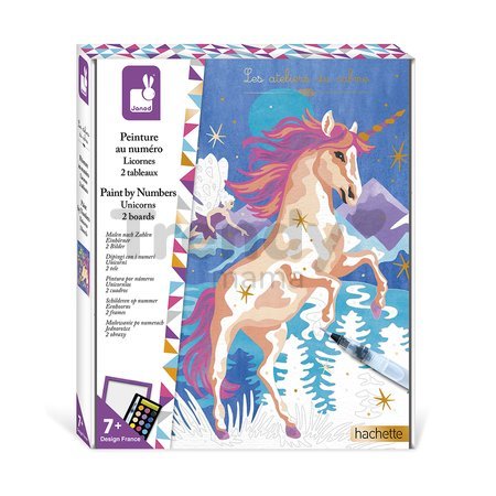 Maxi kreatívna sada Maľovanie s číslami Jednorožce Paint by Numbers Watercolor Unicorns Atelier Janod 2 obrázky od 7 rokov J07985