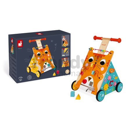 Drevené multifunkčné chodítko Mačka Multi-activities Cat Baby Walker Janod výškovo nastaviteľná rúčka od 12 mes J08005