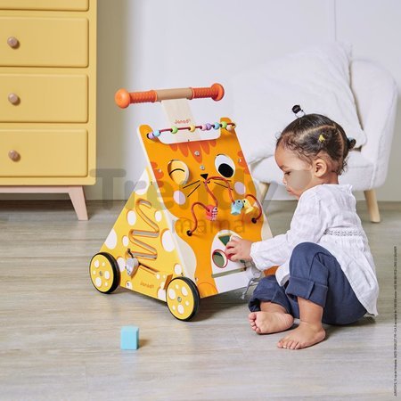 Drevené multifunkčné chodítko Mačka Multi-activities Cat Baby Walker Janod výškovo nastaviteľná rúčka od 12 mes J08005