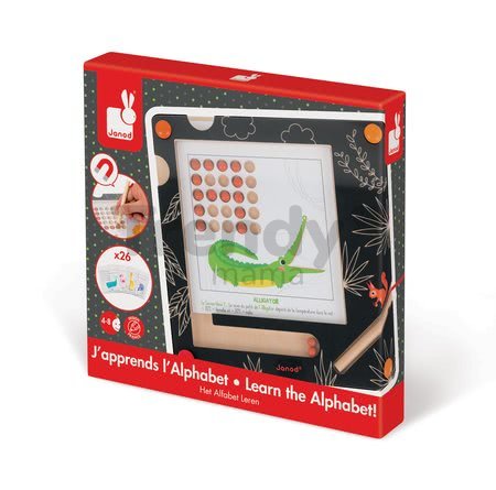 Drevená magnetická hra Abeceda so zvieratkami Janod tabuľa a 26 podložiek v angličtine a francúzštine od 4 rokov