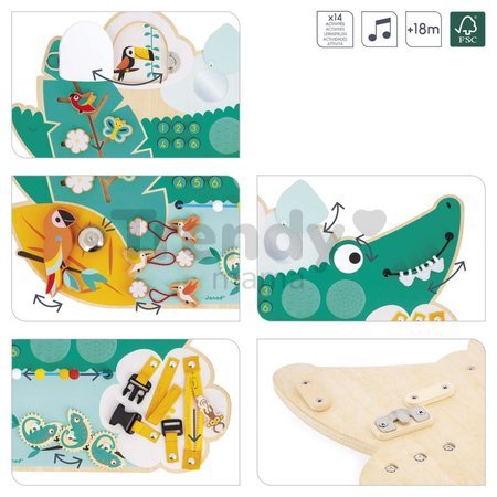 Drevená didaktická doska Krokodíl Crocodile Activity Board Tropik Janod 14 aktivít od 18 mes