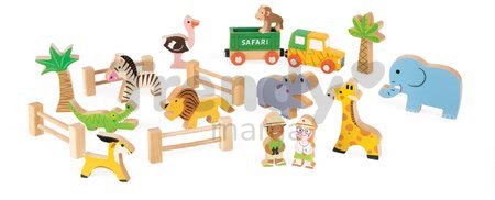 Drevená stavebnica Safari Story Set Box Janod so zvieratkami 19 dielov